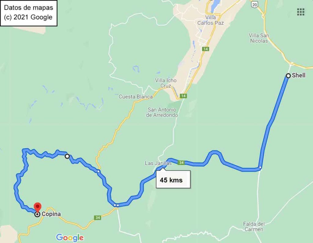 Mapa camino desde Córdoba a Copina