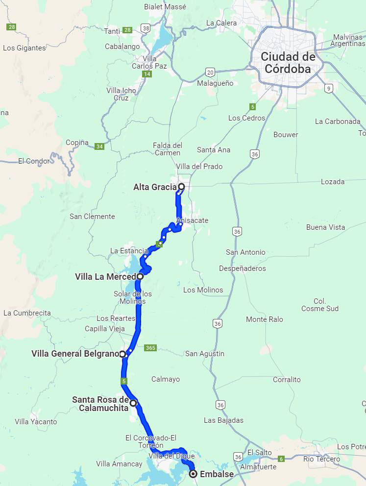 Mapa de la ruta que recorre el Valle de Calamuchita en Córdoba - Argentina