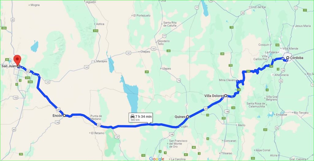 Mapa Córdoba - San Juan por Villa Dolores, Quines y Encón.