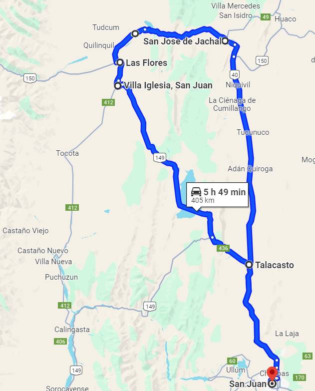 Mapa recorrido San Juan - Jachal - Las Flores - Talacasto - San Juan