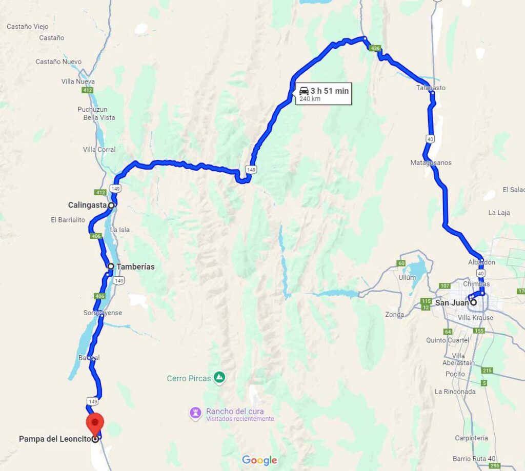 Mapa de la ruta desde San Juan hasta Pampa del Leoncito