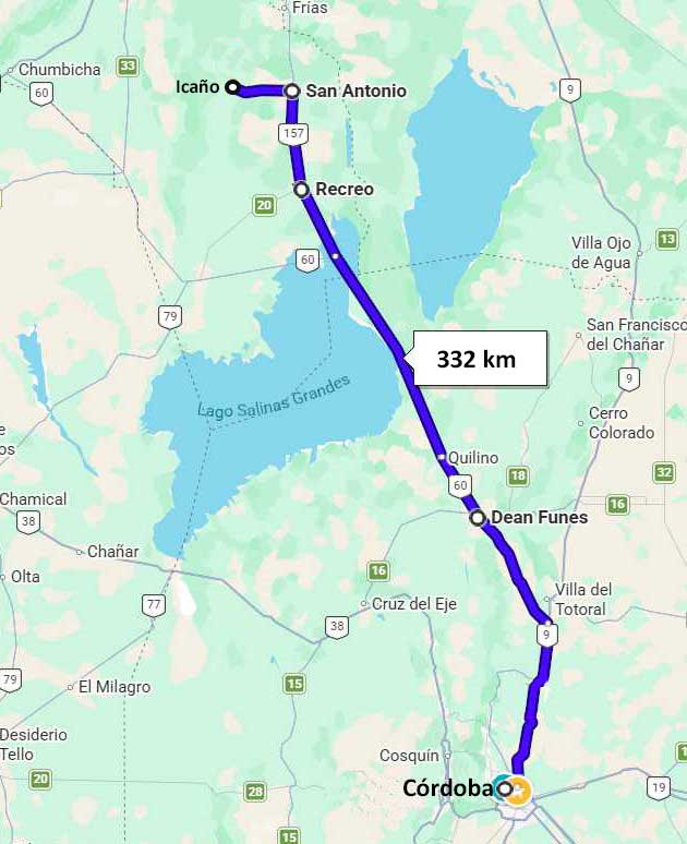 Mapa con recorrido entre la ciudad de Córdoba e Icaño, Catamarca.