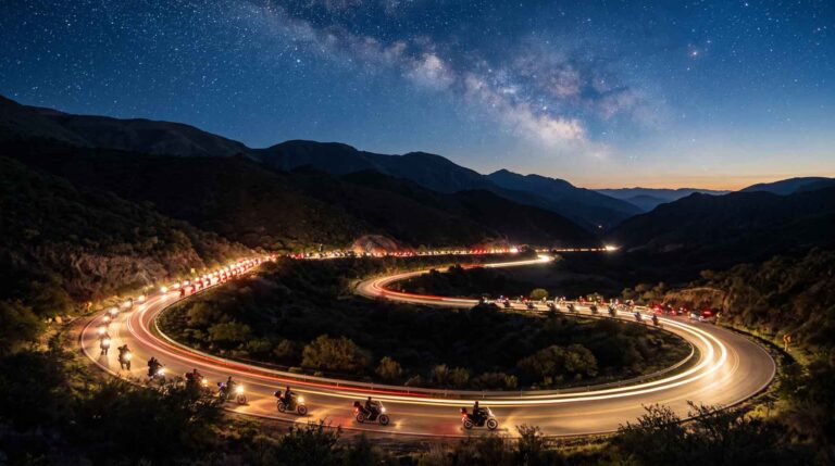 Caravana de motos con las luces encendidas subiendo de noche por una ruta de las sierras de Córdoba, con el libro "Crónicas de mi Primer Viaje en Moto" sobre el tanque de una moto en primer plano.