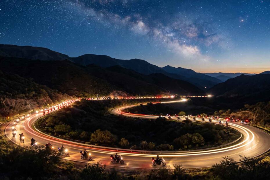 Caravana de motos con las luces encendidas subiendo de noche por una ruta de las sierras de Córdoba, con el libro "Crónicas de mi Primer Viaje en Moto" sobre el tanque de una moto en primer plano.